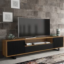 Image of 200cm Modern TV Unit | Oak Body | Black Matt Doors | Wave-Front Design