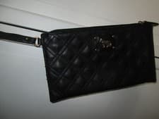 Image of EMMA FOX Black Quilted Leather with Gold Logo Phone Cosmetic Travel Wristlet