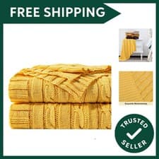 Image of 100% Pure Cotton Cable Knit Throw Blanket, Super Soft Warm 130x170 Knitted Th...