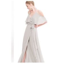 Image of Joanna August Bridesmaid Wrap Dress Gray M Chiffon Fairy Flutter Off Shoulder