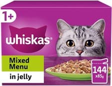 Image of 144 x 85g Whiskas 1+ Mixed Menu Adult Wet Cat Food Pouches in Jelly Mega Pack