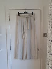 Image of Linen Viscose Wide-Leg Trousers UK16 Stone Belt W34 Relaxed High Waist L30 BNWT
