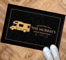 Image of Personalised Campervan door mat - Camping - Gold & Black label 60 x 40 cm