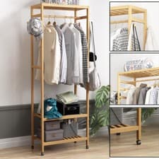 Image of Heavy Duty Bamboo Clothes Storage Rack Open Wardrobe Garment Rack Clothes Stand