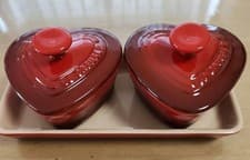 Image of Le Creuset Petite Ramekin D'Amour Heart Cocotte & Tray Cherry Red without Box