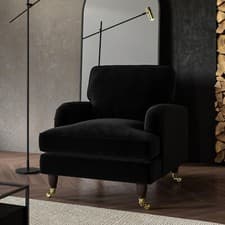 Image of Black Velvet Armchair with Dark Wood Gold Legs Saddle Arms Traditional Style