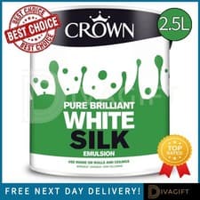 Image of CROWN PURE BRILLIANT WHITE SILK EMULSION PAINT 2.5L FOR INTERIOR WALLS & CEILING