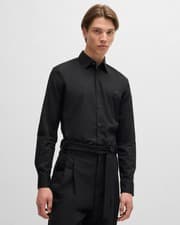 Image of HUGO Ermo Mens Slim Fit Shirt in Stretch Cotton with Stacked Logo - Black 001