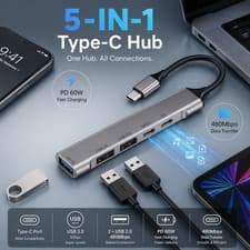 Image of USB C Hub 5-in-1 Type-C to USB 3.0 Adapter Aluminium Slim Data Hub Laptop Tablet