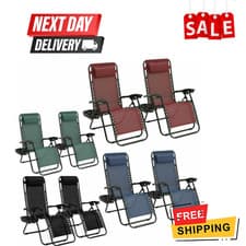 Image of 2X ZERO GRAVITY CHAIR SUNLOUNGER OUTDOOR GARDEN FOLDING RECLINING W/HOLDER