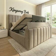 Image of Panel Upholstered TV Bed Frame Double & King Size in Plush Velvet With Storage
