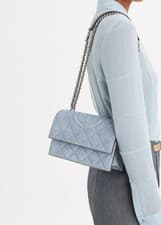 Image of Tory Burch Fleming Denim Print Suede Small Convertible Shoulder Bag Blue Silver