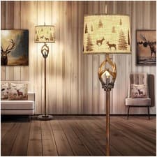 Image of Scenekoy Rustic Farmhouse Antlers Floor Lamp with Nightlight Brown Finish Round
