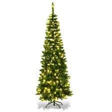 Image of Christmas Tree Pre Lit Slim Pencil Green Artificial Bushy Pine XMAS Decor 5FT UK