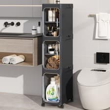 Image of KHNR 3-Tier Slim Bathroom Storage Cabinet Foldable Black Narrow