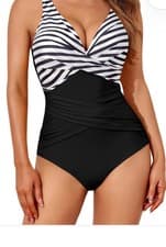 Image of Tummy Control One-Piece Swimsuit Padded Ruched V-Neck – Black Stripe- M