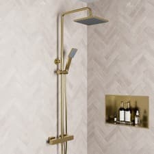 Image of Thermostatic Mixer Shower Dual Square Head Riser Rail Handset Cool Touch Brass