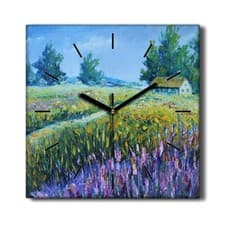 Image of Silent Wall Clock Canvas 30x30 Painting Countryside Landscape Flowers Hut