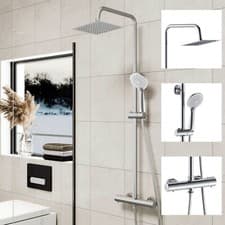 Image of Bathroom Thermostatic Mixer Shower Set Square Chrome Twin Head Exposed Valve