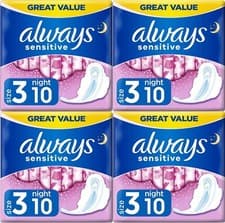 Image of Always Sensitive Night Ultra Sanitary Pads Towels with Wings, Size 3 - 40 Pack