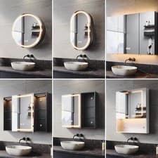 Image of White LED Bathroom Mirror Cabinet with Demister Shaver Socket Dimmable Lighting