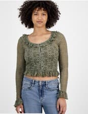 Image of And Now This... Women's Green Ruched Sides Crop Top Puff Sleeves Size M