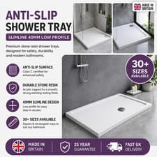 Image of Anti-Slip Shower Tray Slim 40mm Low Profile Stone Resin White Rectangular Square