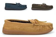 Image of Mens Suede Slippers Size 6 Boys Slippers Real Leather Suede Moccasin Slippers