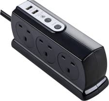 Image of Masterplug 6 Socket Surge Protected Extension Lead 2M USB Charger Black Gloss