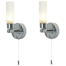 Image of Pair of Modern Chrome IP44 Bathroom Wall Light With Pull Cord Switch Zone 2 3