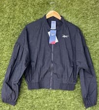Image of Reebok Women’s Black Full-Zip Windbreaker Cropped Jacket Size Small