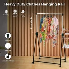 Image of Heavy Duty Clothes Hanging Rail Foldable Garment Rack On Wheels Adjustable