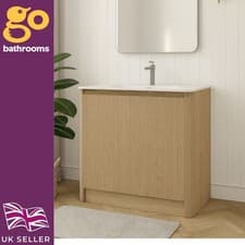Image of Oak Ribbed Vanity Unit Wave 1000mm Floor Standing Sink Unit & Ceramic Basin
