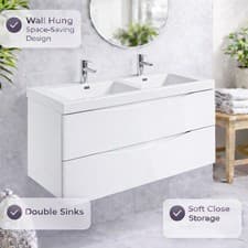 Image of 1200mm White Gloss Bathroom Vanity Unit Wall Hung 2 Drawer with Resin Basin Sink