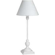 Image of Slim White Wooden Table Lamp Distressed Finish Linen Shade Bedroom Symi