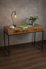 Image of Industrial Rustic Wood Computer Desk with Drawers Metal Frame Office Table