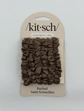 Image of Kitsch Ruched Satin Scrunchies Extra Gentle Slim Hair Ties 6 Pack Brown Neutral