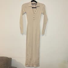 Image of Bershka Women Dress Ribbed Knit Polo Collar Midi Bodycon Minimalist Y2K Coastal