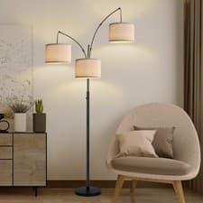 Image of 3 Light Floor Lamp Free Standing Tall Lamp Beige Linen Shade Bedroom Living Room