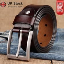 Image of Mens Genuine Leather Belt Belts Real New Buckle For Trouser Jeans Black Brown UK