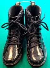 Image of Ugg black patent leather sparkle boots, lace up and zipper, new w/ tags, size 5