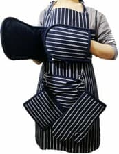 Image of Navy Blue Butcher Stripe Double Oven Glove 100% Cotton Insulated Kitchen Baking