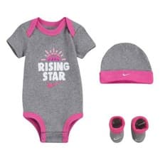 Image of Nike Romper 3 Piece Set Baby Girls Bodysuit Hat Booties Grey Pink Rising Boxed