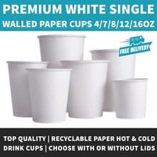 Image of White Paper Coffee Cups 4/7/8/12/16oz - Hot Drink Cups With or Without Sip Lids