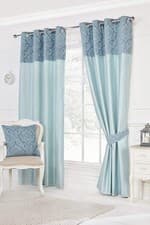 Image of Darcy Teal Blue Damask BORDERED TOP Ring Top / Eyelet Lined Curtains & Tie Backs