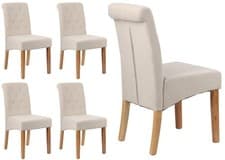 Image of set of 4 Velvet Dining Chairs Button detail Scroll top Beige Grey Blue Back