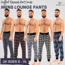 Image of Mens Lounge Pants Pyjama Pj Bottom Tartan Check Plain Nightwear Soft warm Fleece