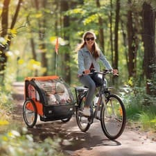 Image of Kids 2-Seater Bike Trailer Bicycle Wagon Durable with Roll-Up Door Orange Black