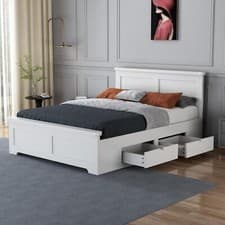 Image of Solid,strong,white painted wood bed frame,4 Drawer Storage Wooden Bed