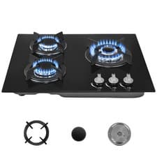 Image of OYAJIA 58cm Black 3 Burner Gas On Glass Hob With Cast Iron Pan Stands Blzuquuvve